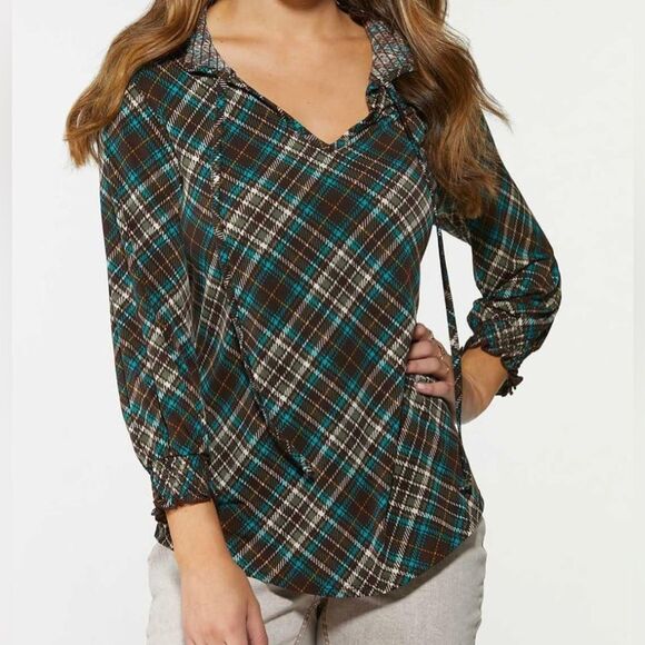 Cato Long sleeve smocked vneck brown and teal plaid top size large - Picture 1 of 7